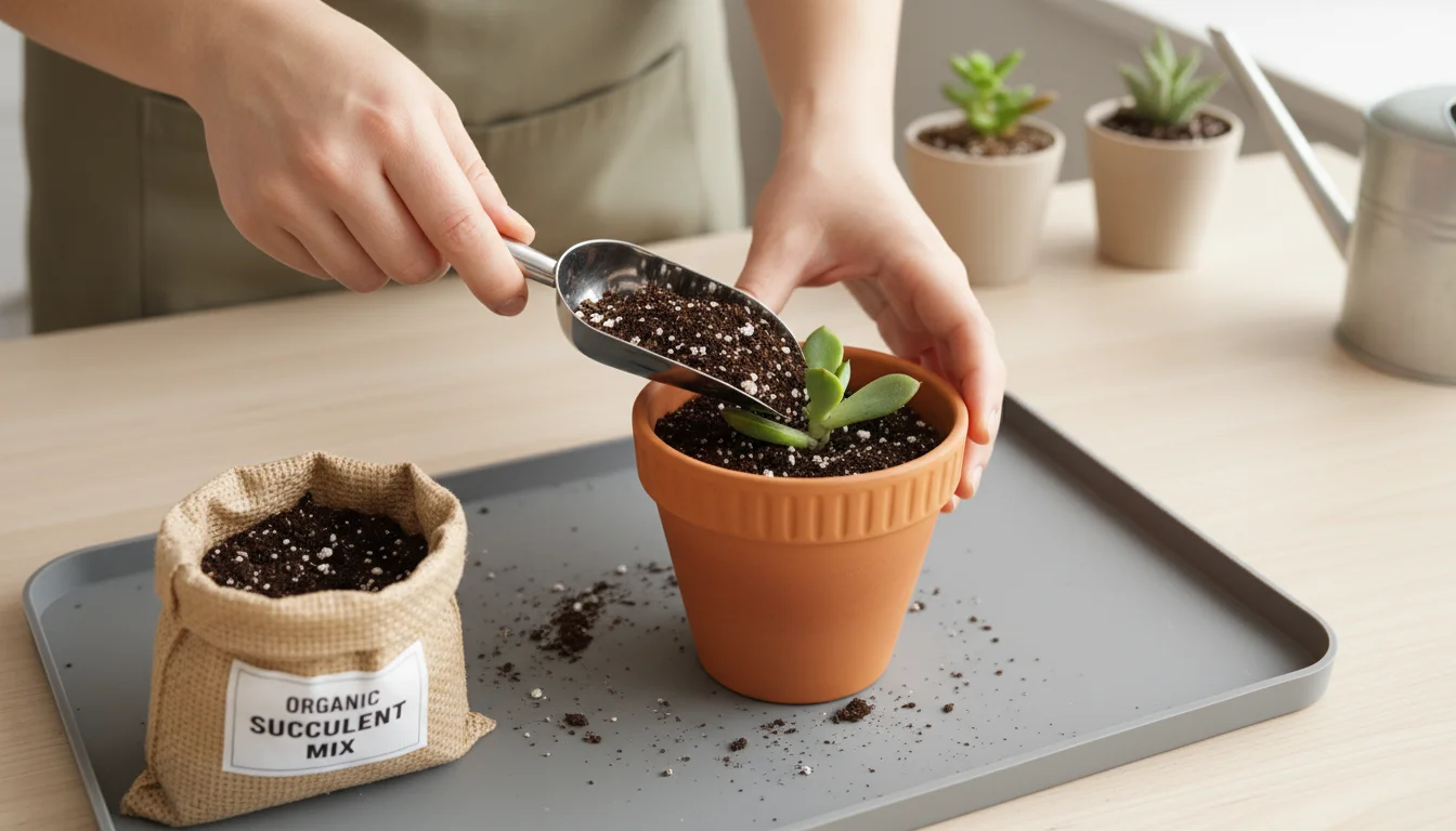 Person's hands using a miniature metal scoop to transfer soil into a terracotta pot on a silicone mat, repotting a succulent.