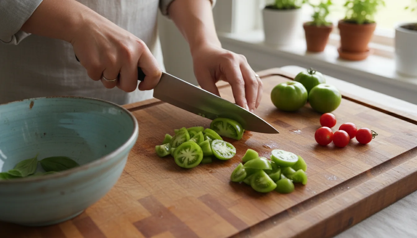 Person's hands using a sharp chef's knife to dice green tomatoes on a large wooden cutting board, with whole tomatoes and a bowl nearby.