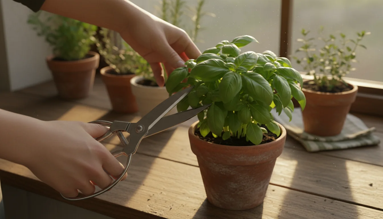 Person's hands using sharp shears to harvest leaves from a basil plant in a terracotta pot on a sunny kitchen windowsill.