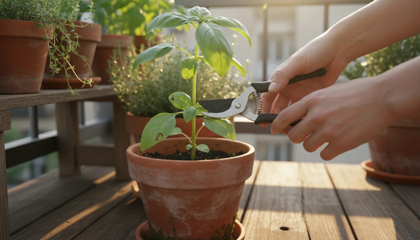 Person's hands using small garden pruners to harvest vibrant green basil from a terracotta pot on a sunny balcony.
