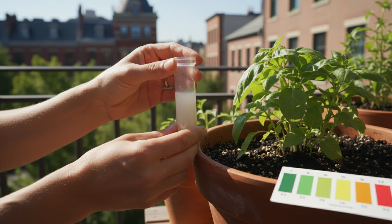 A person's hands using a small soil pH test kit vial next to a terracotta pot with a plant and pine needle mulch on a sunny balcony.