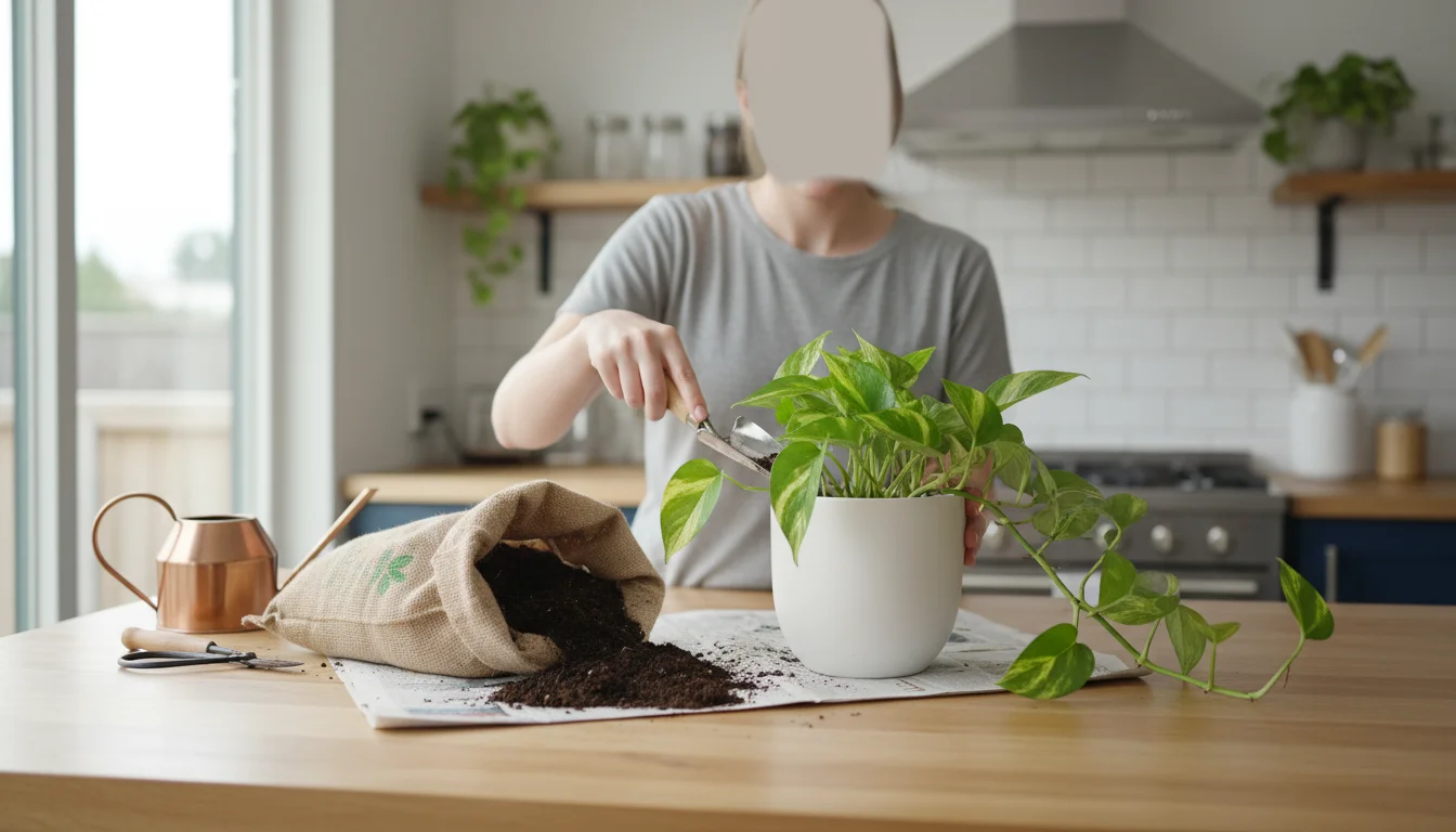 Person's hands using a small trowel to add fresh soil to a Pothos plant in a white ceramic pot on a wooden counter.