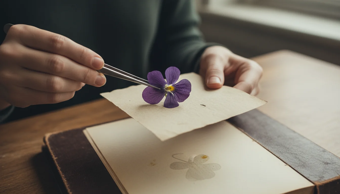 Person's hands using tweezers to gently lift a pressed purple viola from parchment paper, laid over an open book.