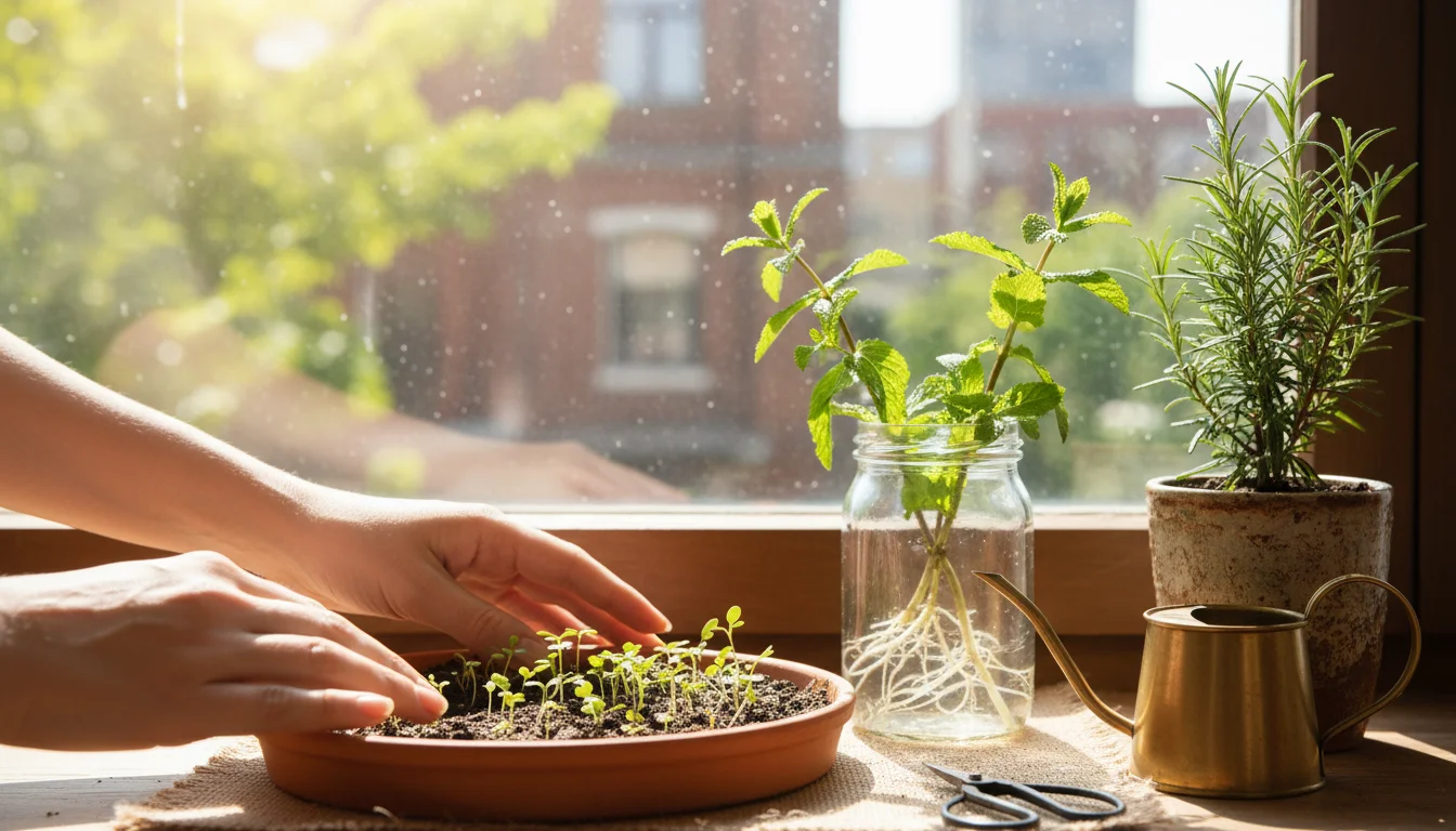 Person's hands tending to various young medicinal herbs on a sunlit windowsill, including seedlings, rooting cuttings, and a starter plant.