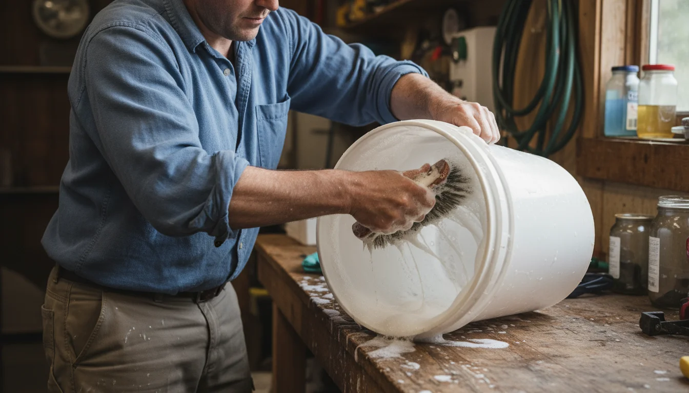 Person's hands vigorously scrubbing the inside of a large repurposed white plastic bucket with a scrub brush and soapy water on a patio table.