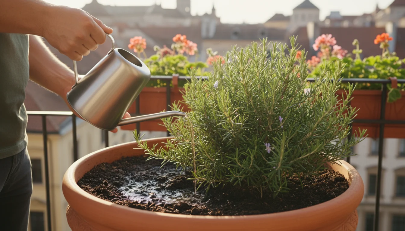 Person's hands gently water a rosemary plant in a terracotta pot on a sunny balcony with diluted bokashi tea.