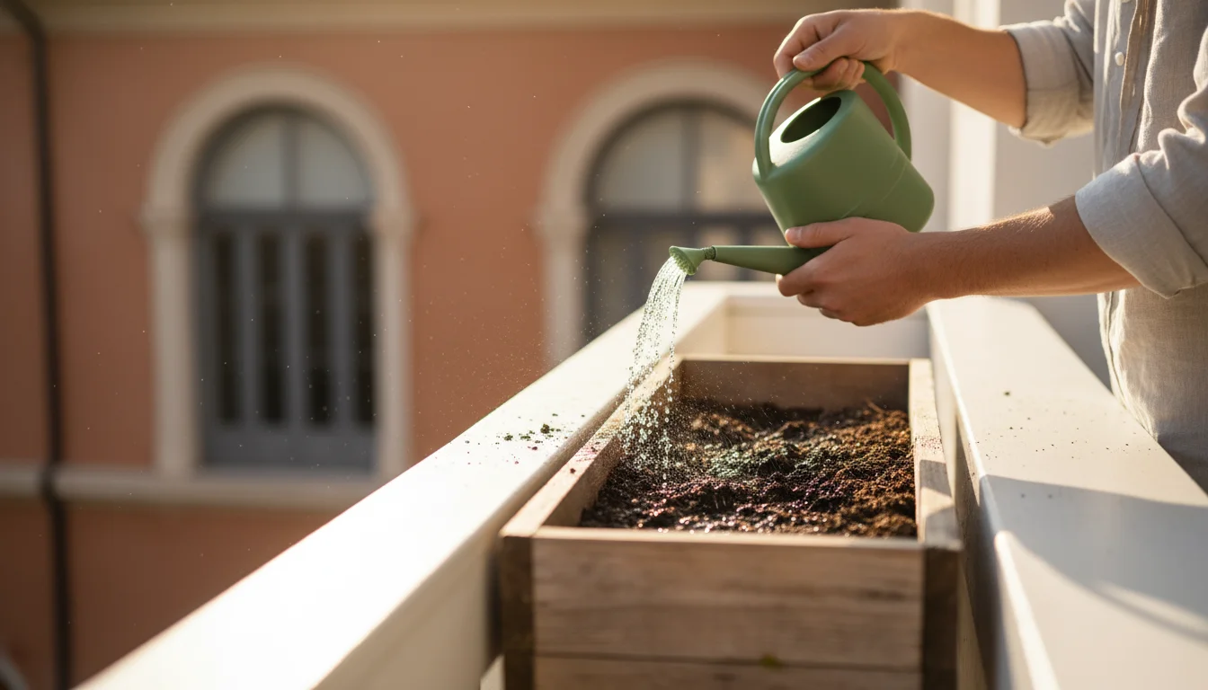 Person's hands gently water a rustic wooden window box on a white balcony railing, filled with dark soil, using a small green watering can.