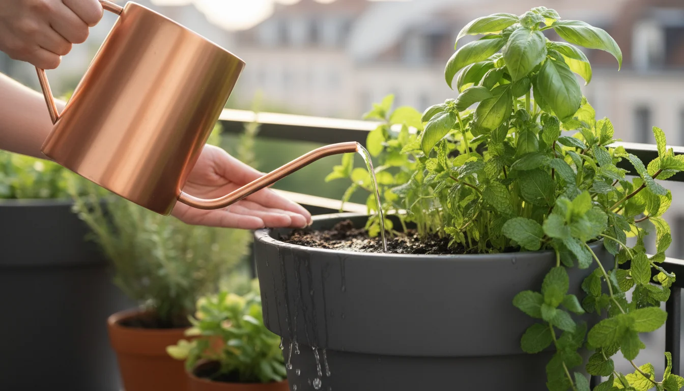 Person's hands water a sleek, charcoal self-watering container with a copper can, flushing mineral salts from thriving herbs on a balcony.