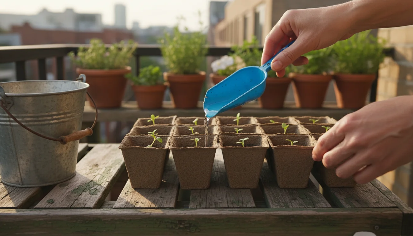 Person's hands carefully water small propagation pots on a balcony shelf, using rainwater collected in a rustic bucket nearby.