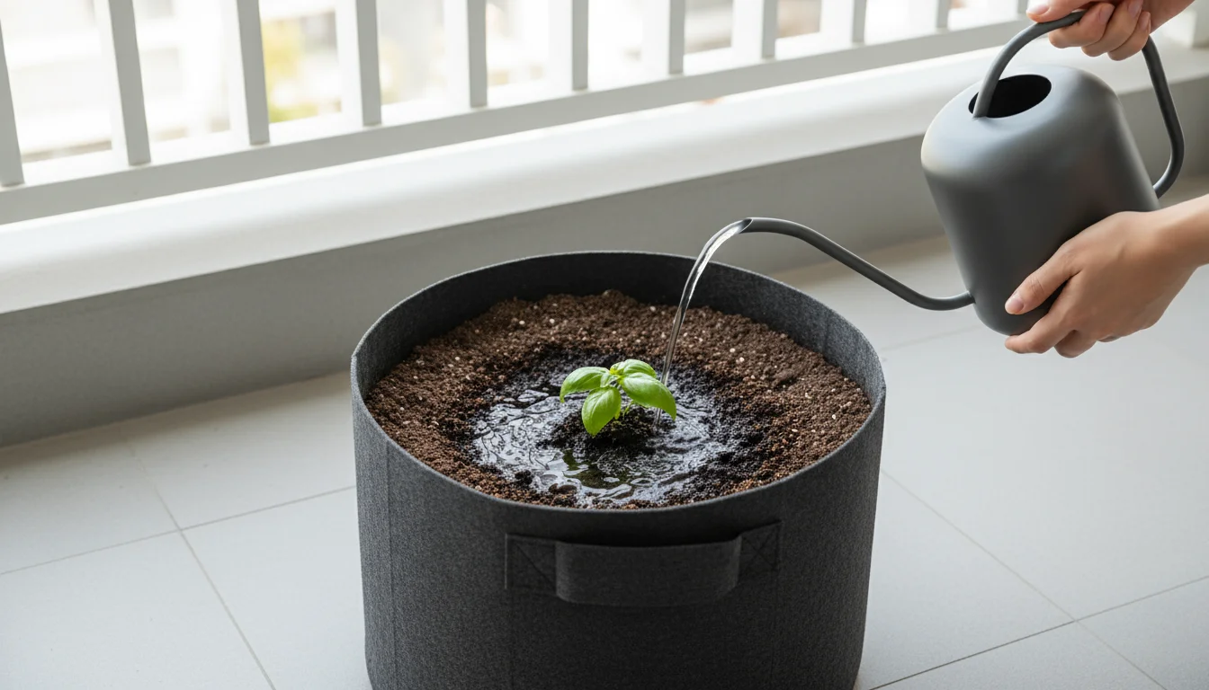 Person's hands watering a dark grey fabric grow bag on a balcony, showing moist soil and water beading on the bag's exterior.