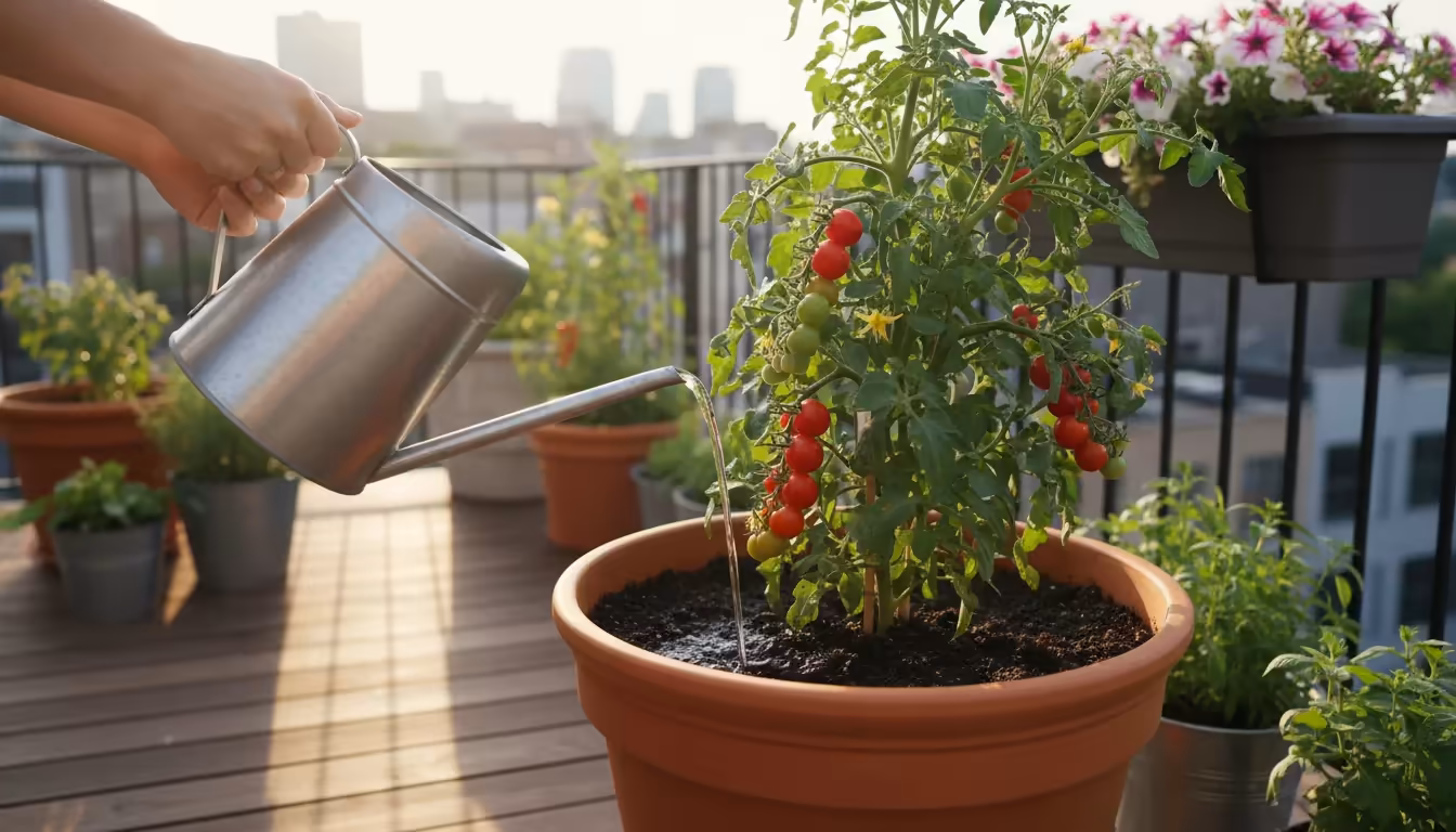 Person's hands watering a healthy, fruiting potted tomato plant on a patio with a small watering can in warm afternoon light.