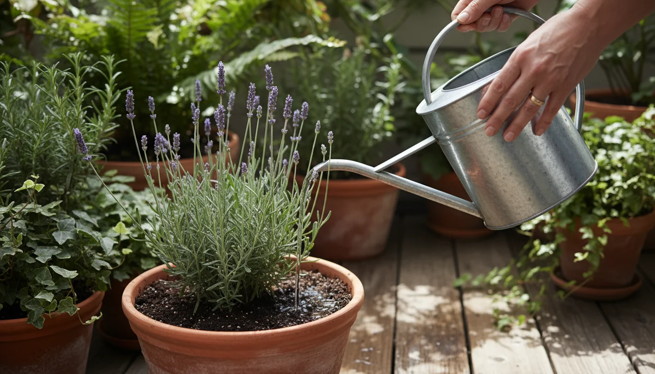 Person's hands gently watering a potted lavender plant with a long-spouted watering can on a balcony, aiming water at the base of the plant.