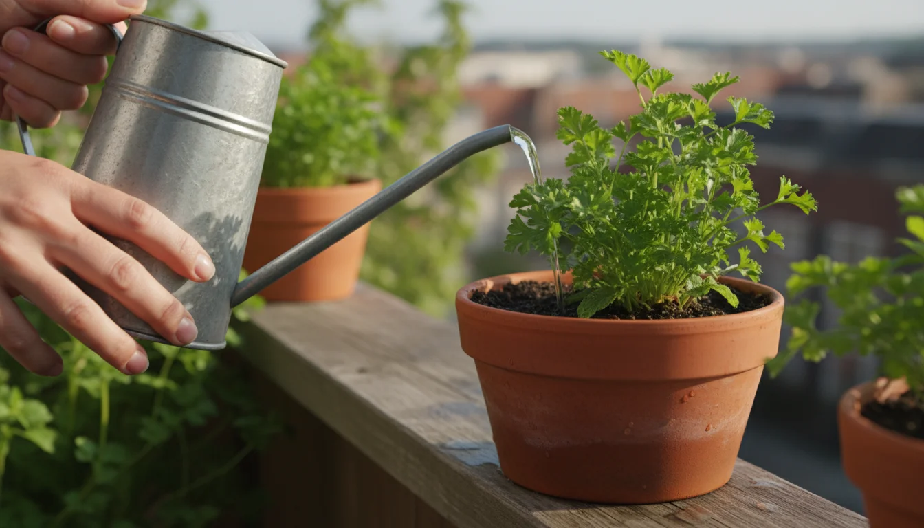 Person's hands watering a potted parsley plant on a wooden balcony railing, directing water to the soil. A saucer catches drainage.