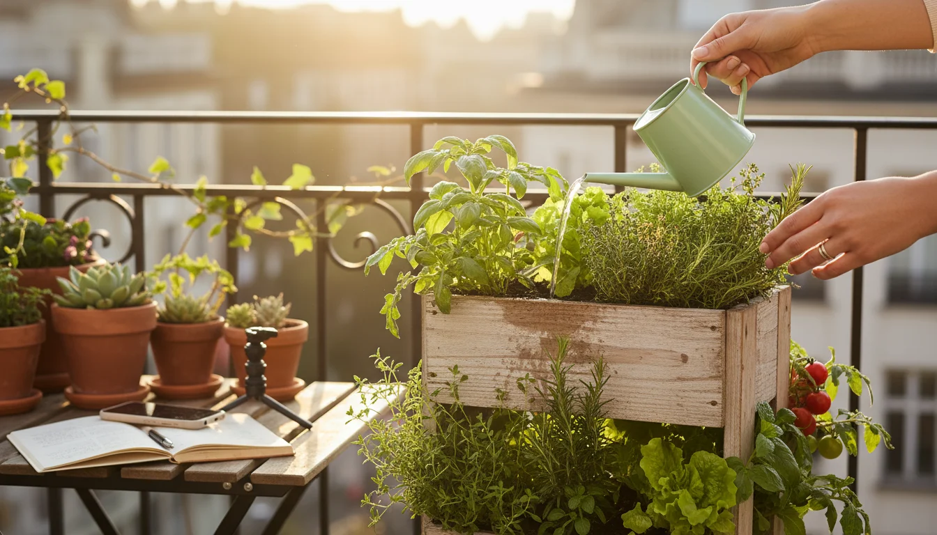 Person's hands carefully watering a tiered vertical planter filled with herbs and small vegetables on a sunny urban balcony.