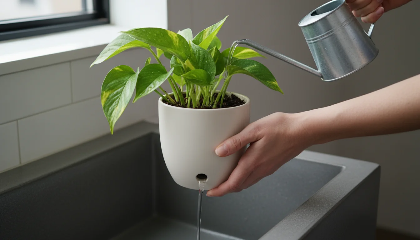 Person's hands gently watering a vibrant Pothos plant in a ceramic pot; water streams from the bottom into a clean sink, illustrating soil flushing.