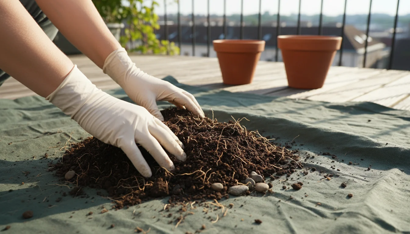 A person's hands, wearing light gloves, sifting through a pile of old potting soil on a balcony tarp, removing roots and debris.