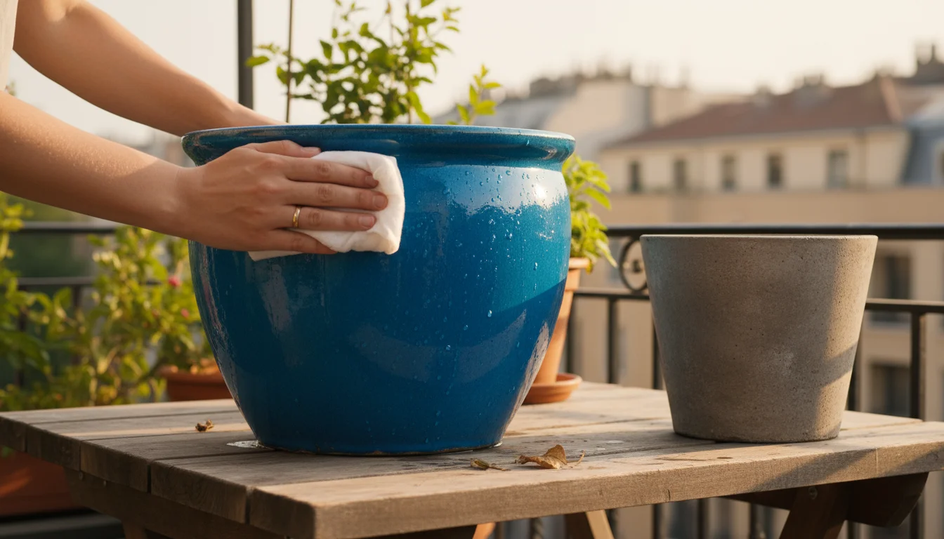 Person's hands gently wipe a blue glazed ceramic pot with a soft sponge, water beading on its smooth surface, on a patio table with a concrete planter