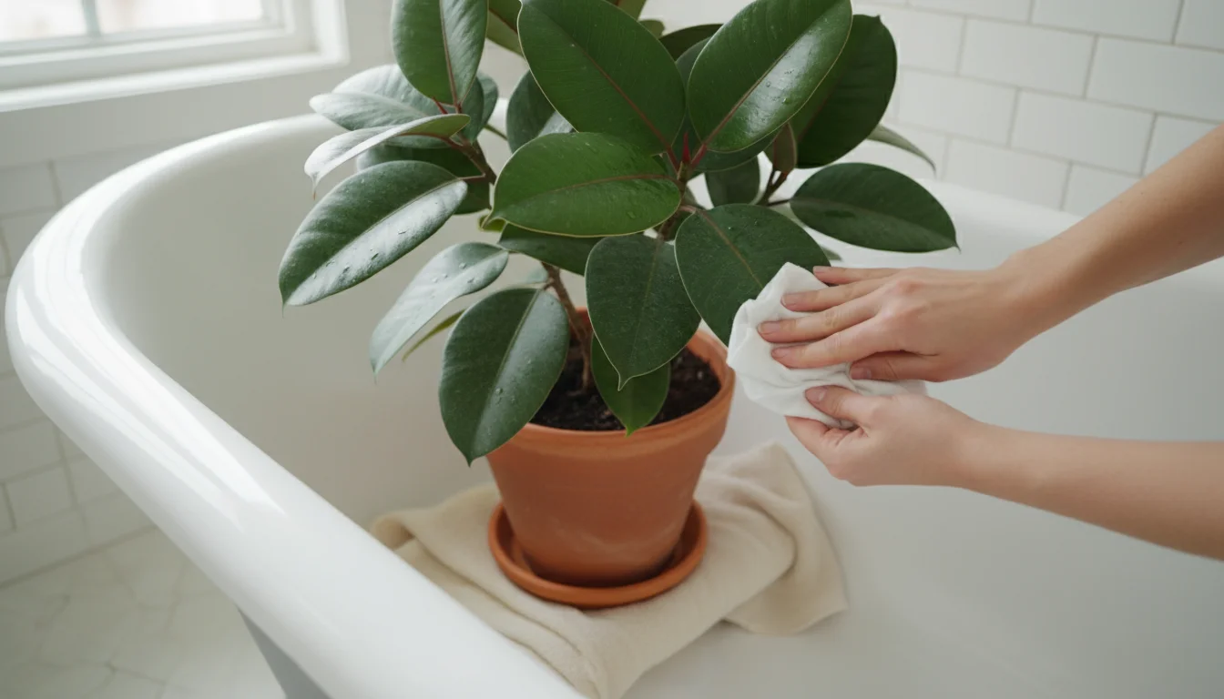 A person's hands gently wipe dust from a large green houseplant leaf in a terracotta pot, placed on a towel inside a white bathtub.