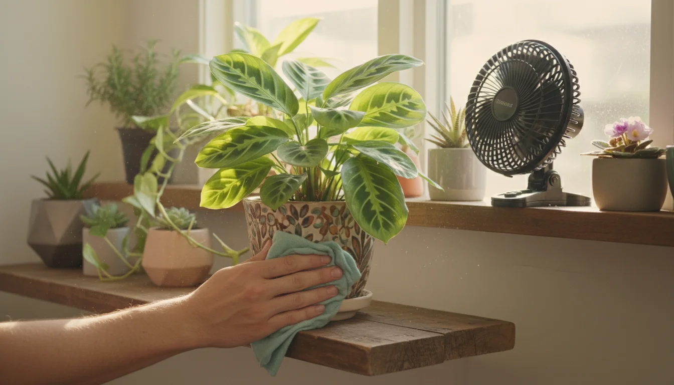 A person's hands gently wipe dust from a plant leaf, with a small fan and other potted plants visible in a bright, compact indoor garden.
