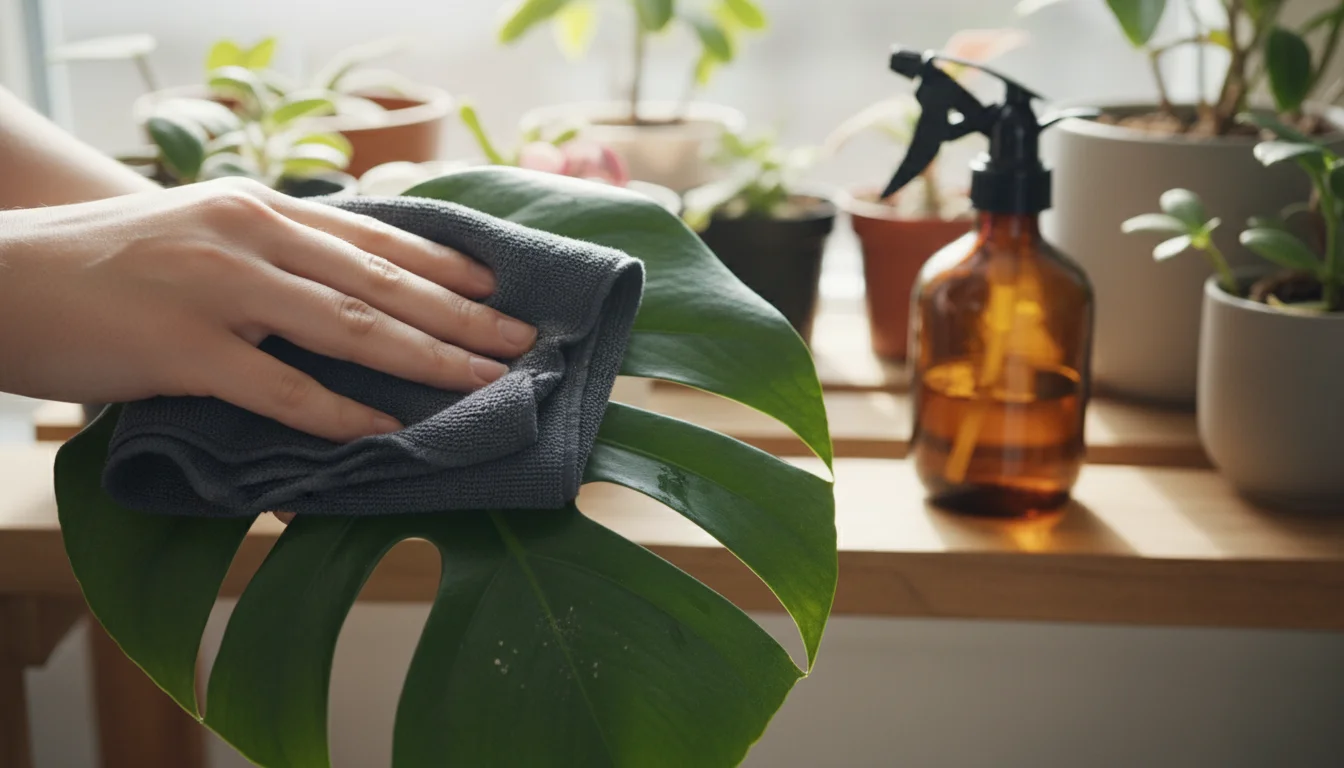 Person's hands gently wipe a large, glossy green plant leaf with a dark, damp microfiber cloth, showing dust trapped on the cloth.