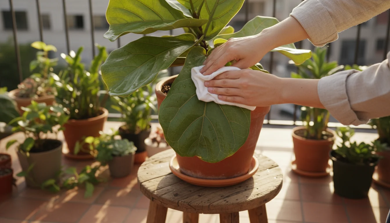 A person's hands gently wipe a large, green Fiddle Leaf Fig leaf with a damp cloth on a sunlit patio.