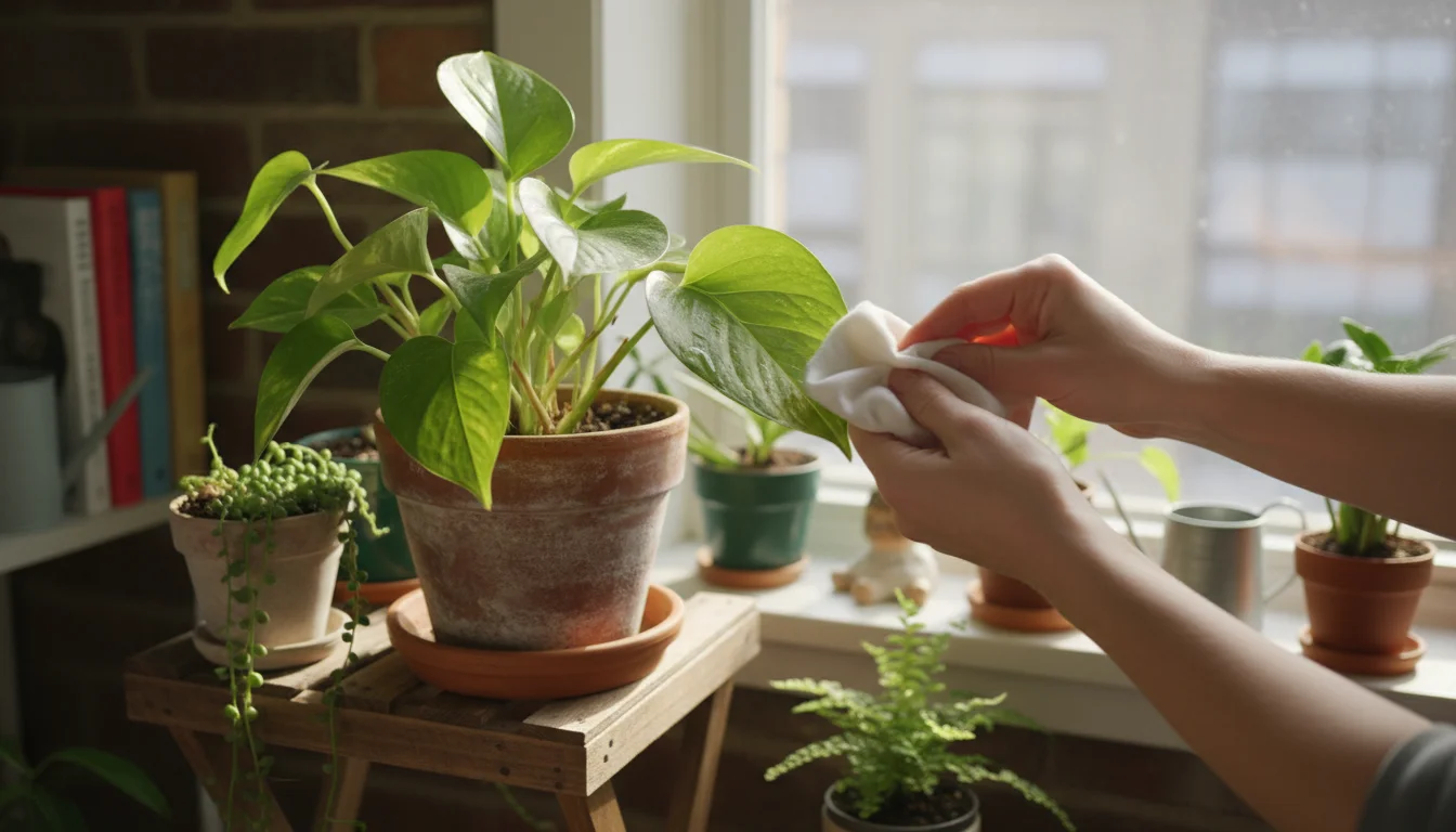 Person's hands gently wipe a Pothos plant leaf with a damp cloth in a sunlit apartment, surrounded by other potted plants.