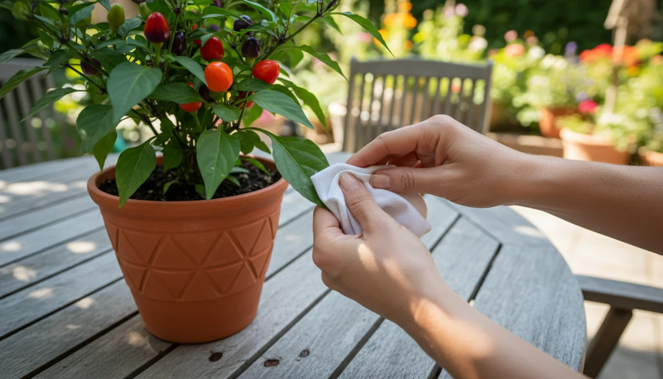 A person's hands gently wipe the underside of an ornamental pepper plant leaf with a damp cloth on a sunlit patio.