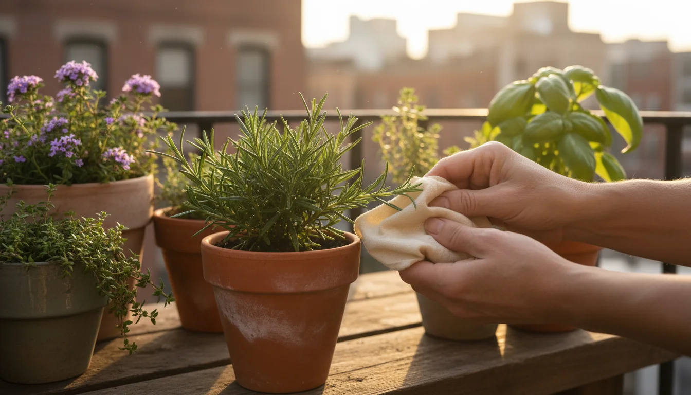 Person's hands gently wiping a green rosemary leaf in a terracotta pot on a sunlit balcony ledge.