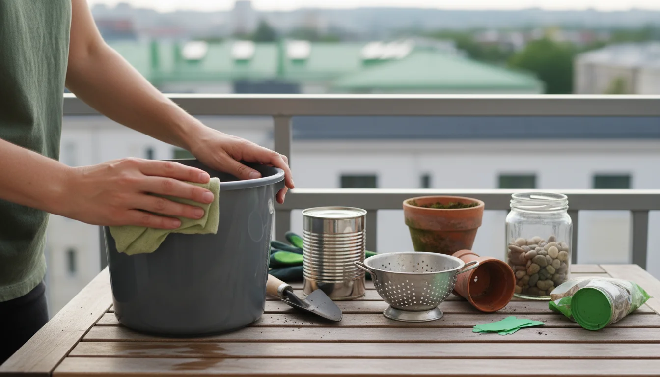 A person's hands wiping an old plastic bucket clean on a wooden balcony table, surrounded by diverse upcycled containers.