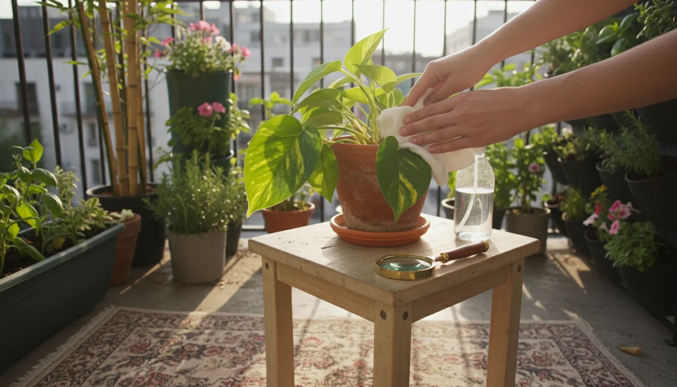 Person's hands gently wiping a Pothos plant leaf with a damp cloth on a small wooden stool, surrounded by container plants.
