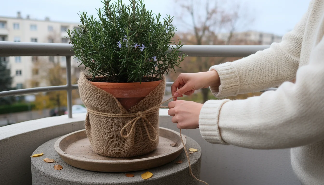 Person's hands wrapping a potted rosemary plant with burlap on a small concrete balcony, with other insulated pots nearby.