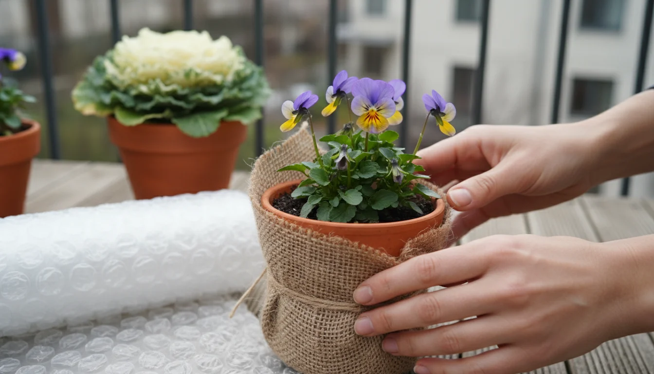Person's hands wrapping a terracotta pot with burlap. A pansy is in the pot, with ornamental kale and bubble wrap visible on a balcony.
