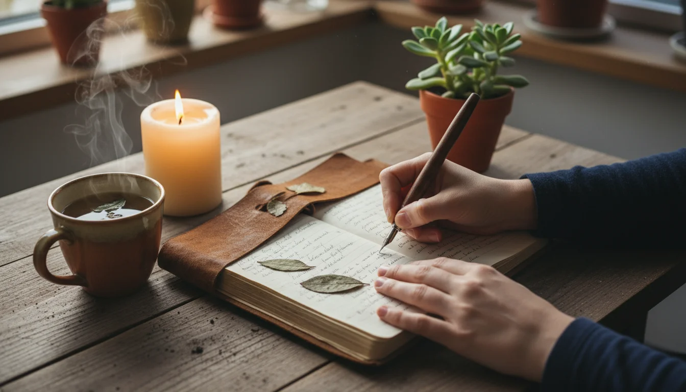 A person's hands write in a journal on a wooden table with a steaming tea mug, a lit candle, and a small potted succulent.