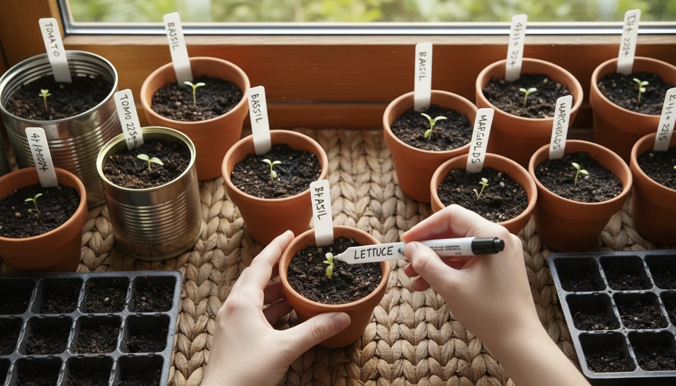 Person's hands writing 'Lettuce' on a plant label next to a small pot. Other labeled pots with sprouts surround it on a windowsill.