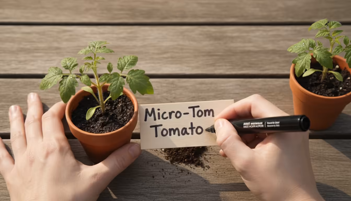 Person's hands writing 'Micro-Tom Tomato' on a wooden plant label with a black marker next to a potted seedling.
