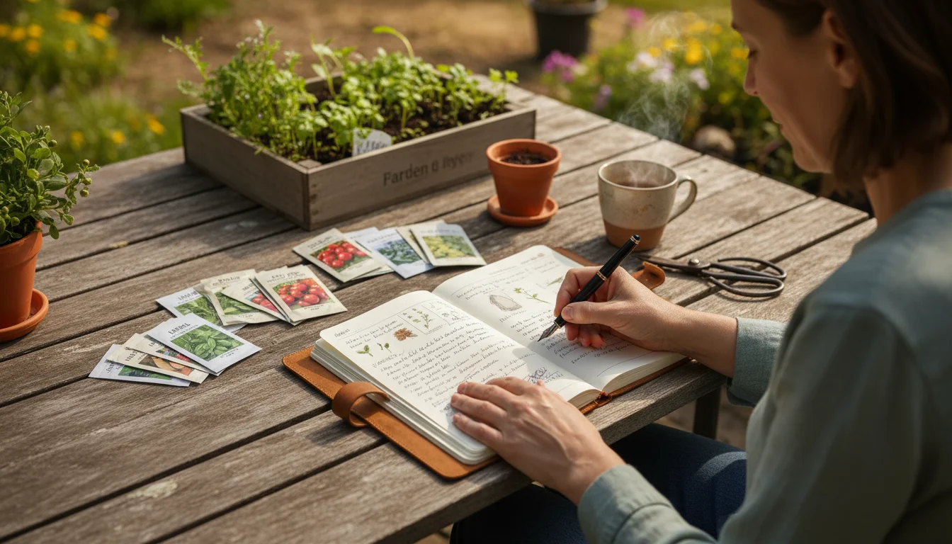 Person's hands writing in an open gardening journal, surrounded by neatly organized seed packets on a wooden patio table with balcony planters in soft