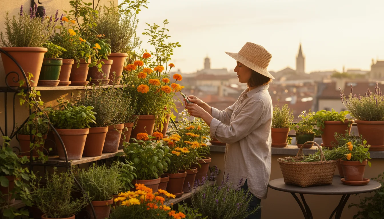 A person harvests flowers and herbs from container gardens on a sun-drenched patio, with some cuttings already hanging to dry on a wall.