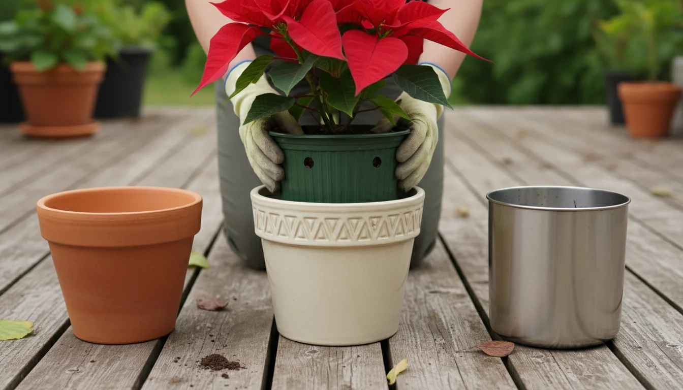 Person holding a red poinsettia in a nursery pot above a cream ceramic cachepot on a wooden surface, with other empty containers nearby.