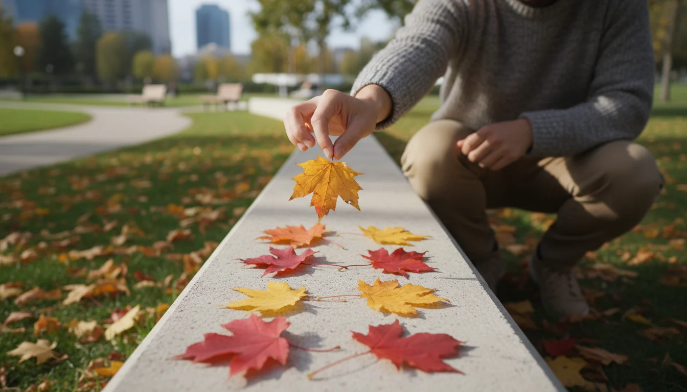 A person gently holds up a fallen maple leaf with a small brown spot, examining it against a backdrop of healthy autumn leaves on a concrete wall.