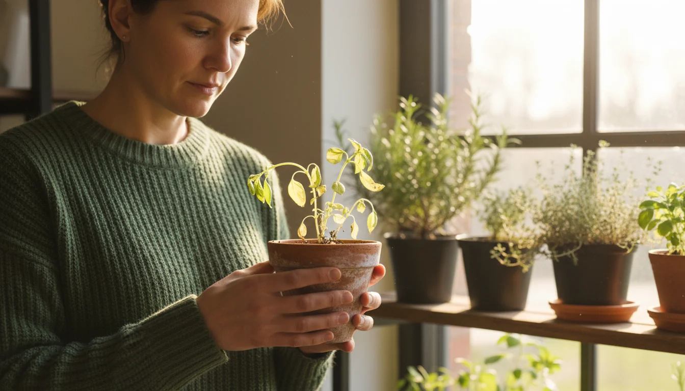 A person gently holds a small terracotta pot containing a yellowing, drooping basil plant, thoughtfully inspecting it near a sunny window.