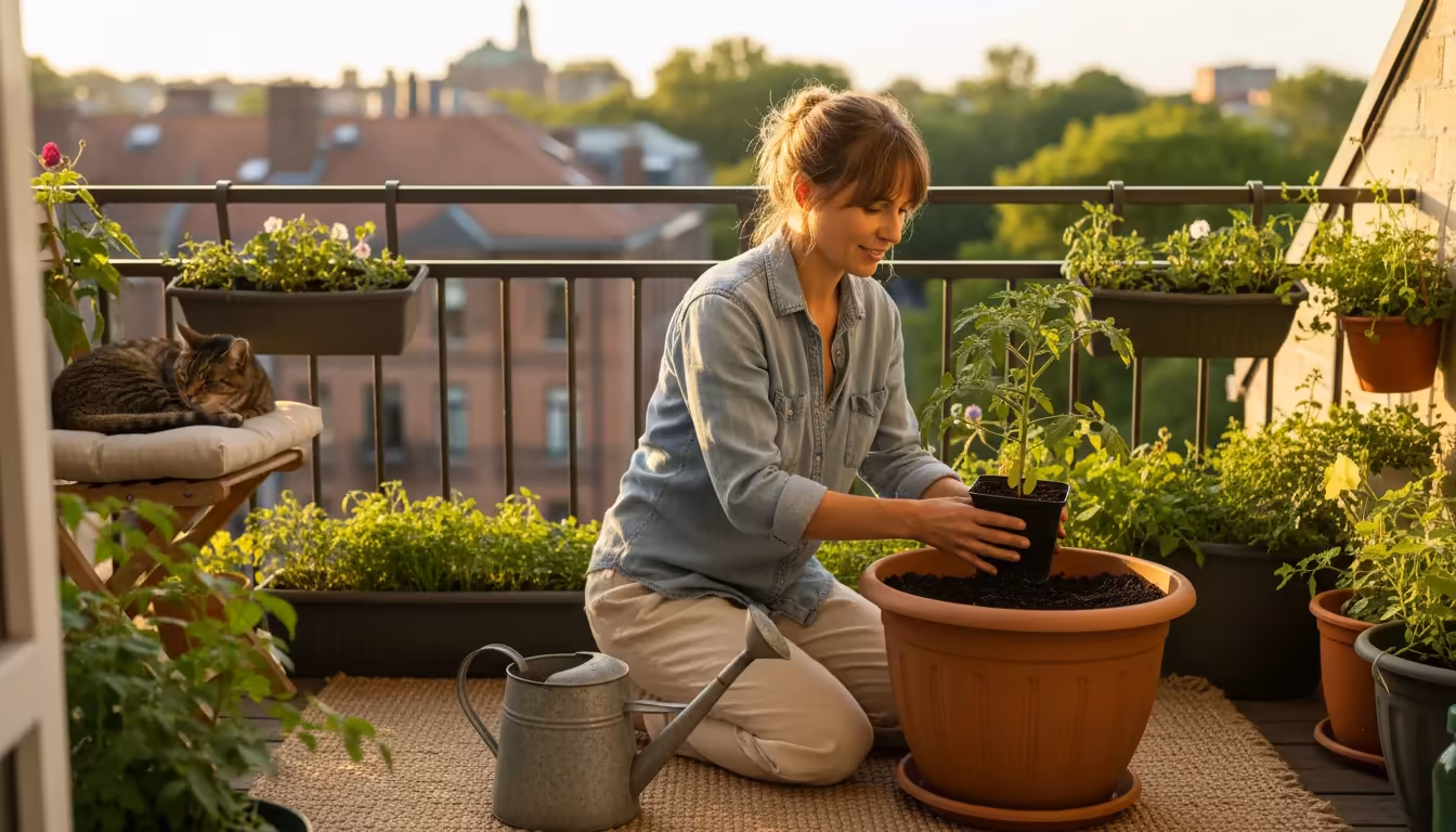 A person holds a small tomato seedling next to a large lightweight planter on a sunny balcony, comparing it to a smaller pot.