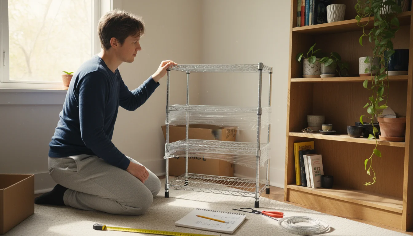 Person in a home evaluating two shelving options: a new wire unit partially unboxed and a repurposed wooden bookshelf. Measuring tape nearby.
