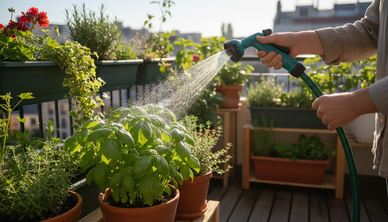 Person gently hosing a basil plant in a pot on a sunny balcony. Water mists foliage, with other container plants in background.
