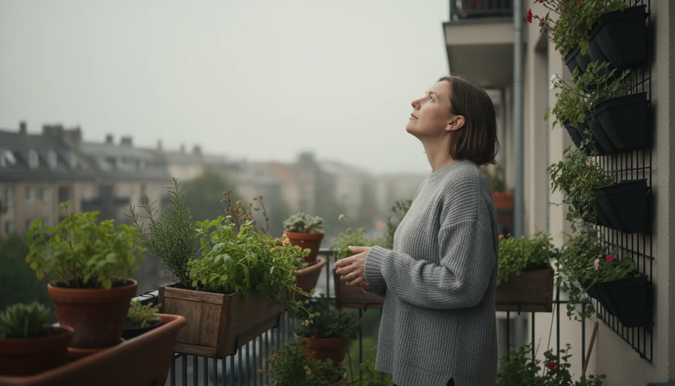 Person on a humid, overcast urban balcony looking from the grey sky to their container plants, thoughtfully assessing watering needs.