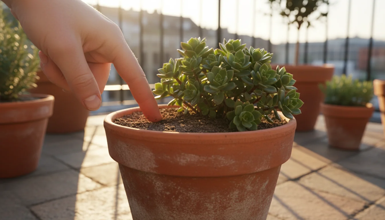 A person's index finger checking soil moisture in a terracotta pot containing a lavender plant, on a sunny patio.