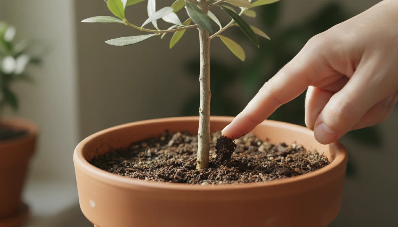 A person's index finger is inserted into the soil of a potted indoor tree to check for moisture, with warm natural light.
