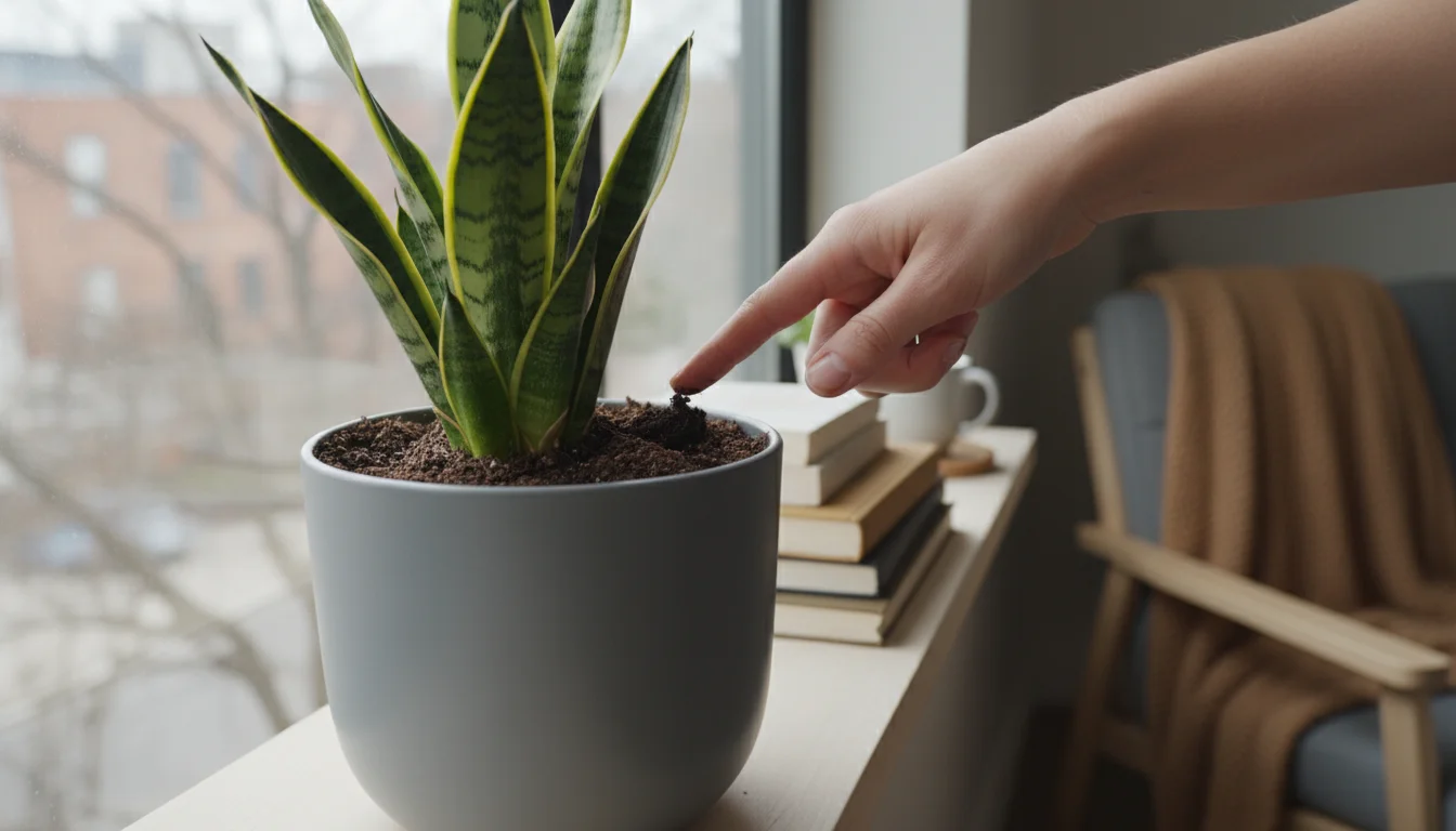 A person's index finger inserted into the soil of a snake plant in a grey ceramic pot on a wooden shelf, demonstrating the finger test.