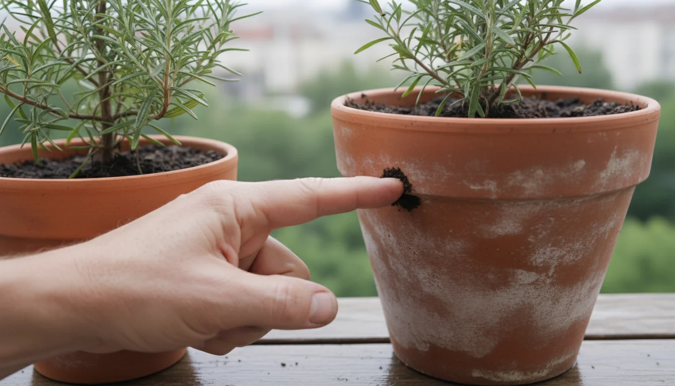 A person's index finger performs the soil moisture test on a potted rosemary plant, with visibly dry soil in a terracotta pot on a balcony.
