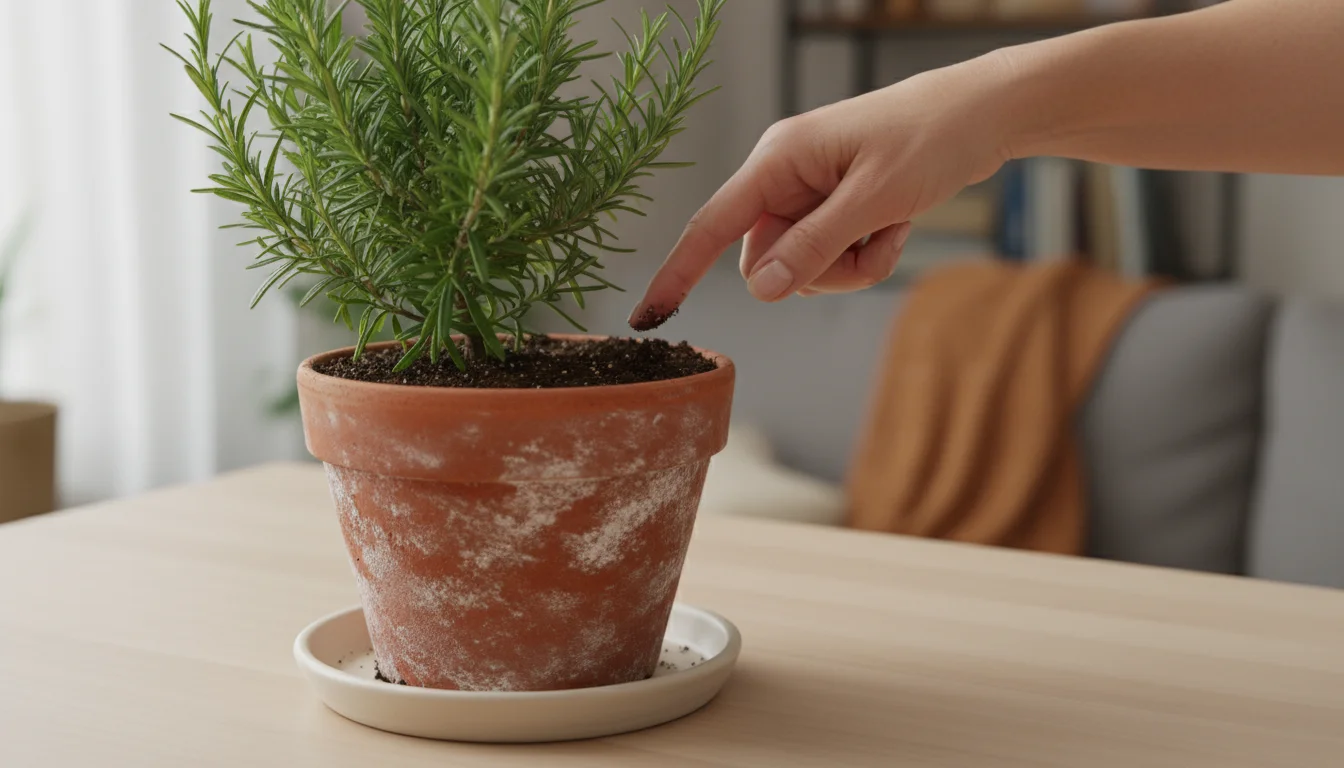 A person's index finger gently pressed into the soil of a potted rosemary plant, checking for moisture. The plant is on a wooden surface.