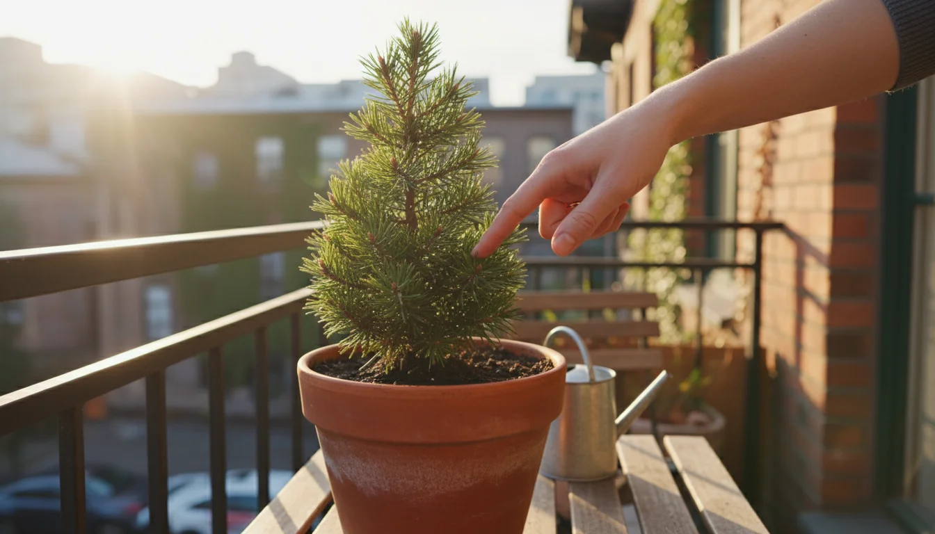A person's index finger gently pressed into the soil of a terracotta pot containing a small evergreen plant on an urban balcony.